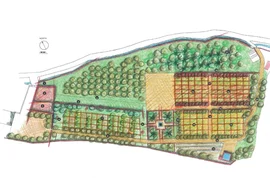 Colored map of a garden layout with various sections and a compass indicating north.