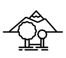 Icon of a mountain with trees and water.