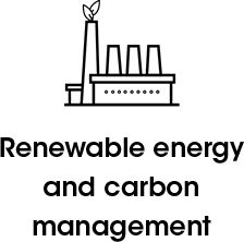 Icon of a factory with the text 'Renewable energy and carbon management.'