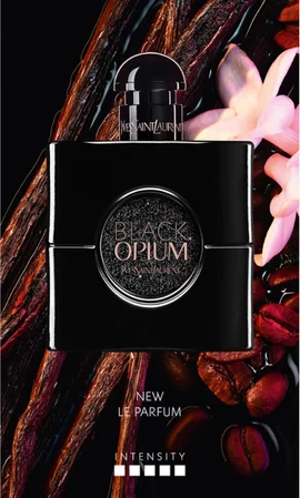 YSL Black Opium Le Parfum bottle with flowers and coffee beans in the background.