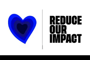 Blue heart icon with text 'REDUCE OUR IMPACT.'